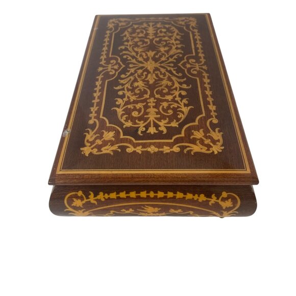 Vintage Wooden Inlaid Music Jewelry Box Ornate Floral Design Red Velvet MCM - Picture 5 of 12